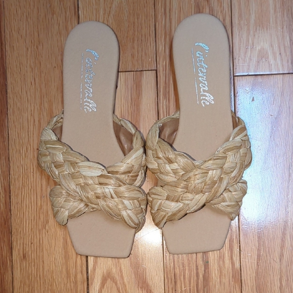 ​NWT L'INTERVALLE Tan Raffia Braided Slides - Square Toe Sandals - Size 38